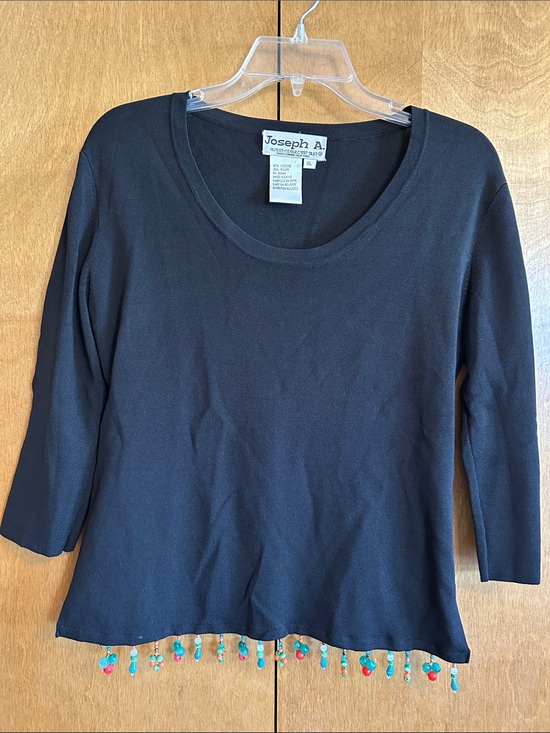 Joseph A Tops - Joseph A. Black Scoop Neck 3/4-Sleeve Top with Multicolor Beaded Hem
